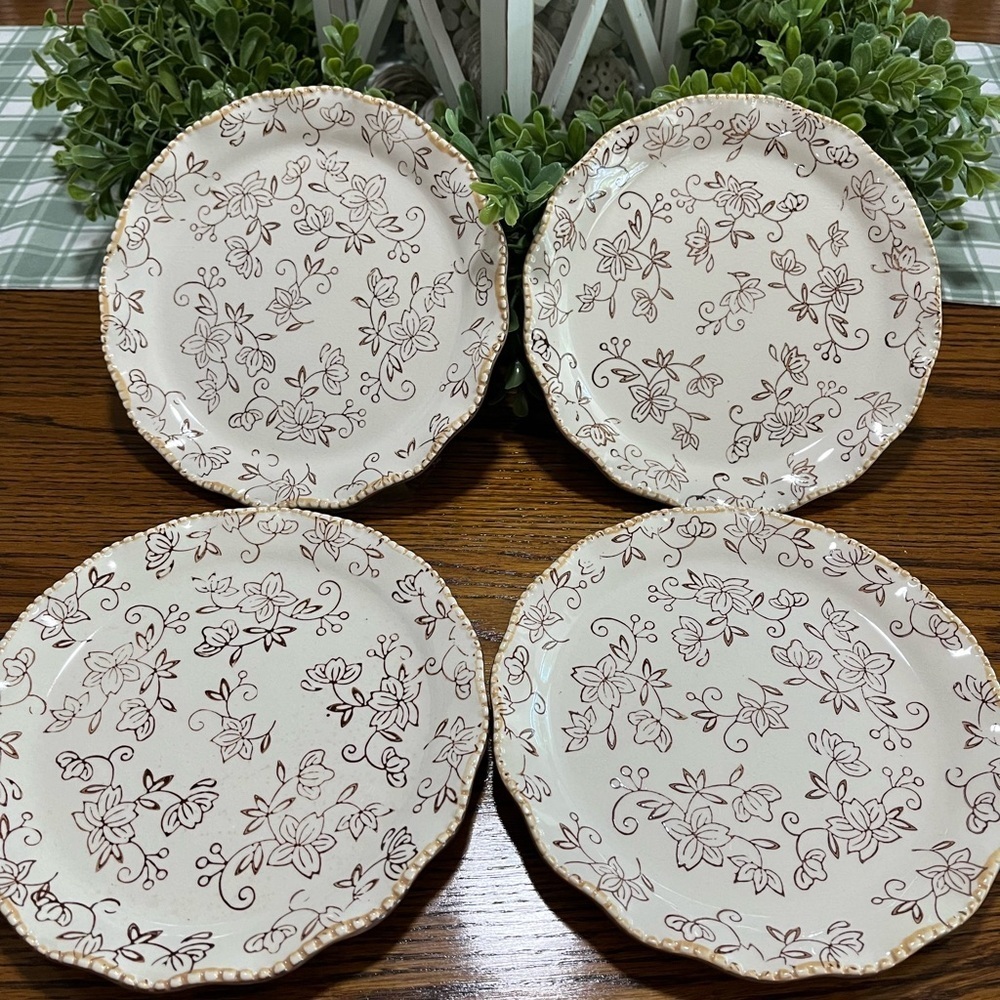 Temptations By‎ Tara Floral Lace Chocolate Brown  8” Salad Plate Set Of 4